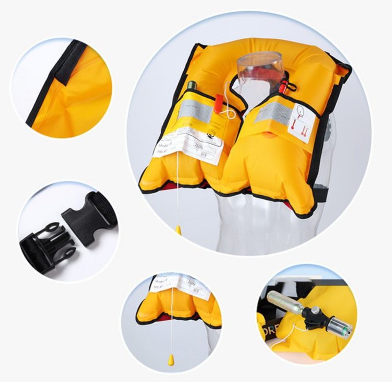 Áo phao cứu sinh tự thổi gồm vỏ áo và hệ thống thổi phồng